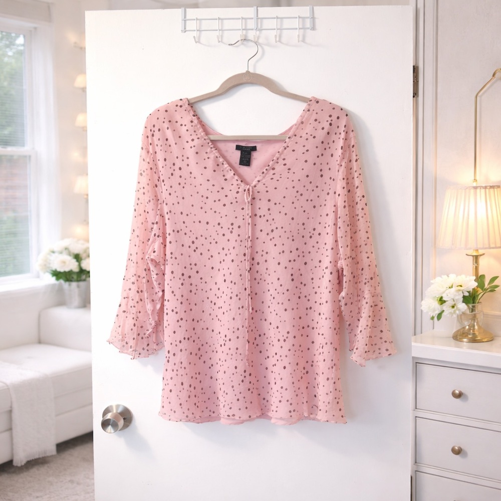 ✨ Ann Carson Romantic Silk Blouse Pink Polka Dot Bell Sleeve Top Size 3X